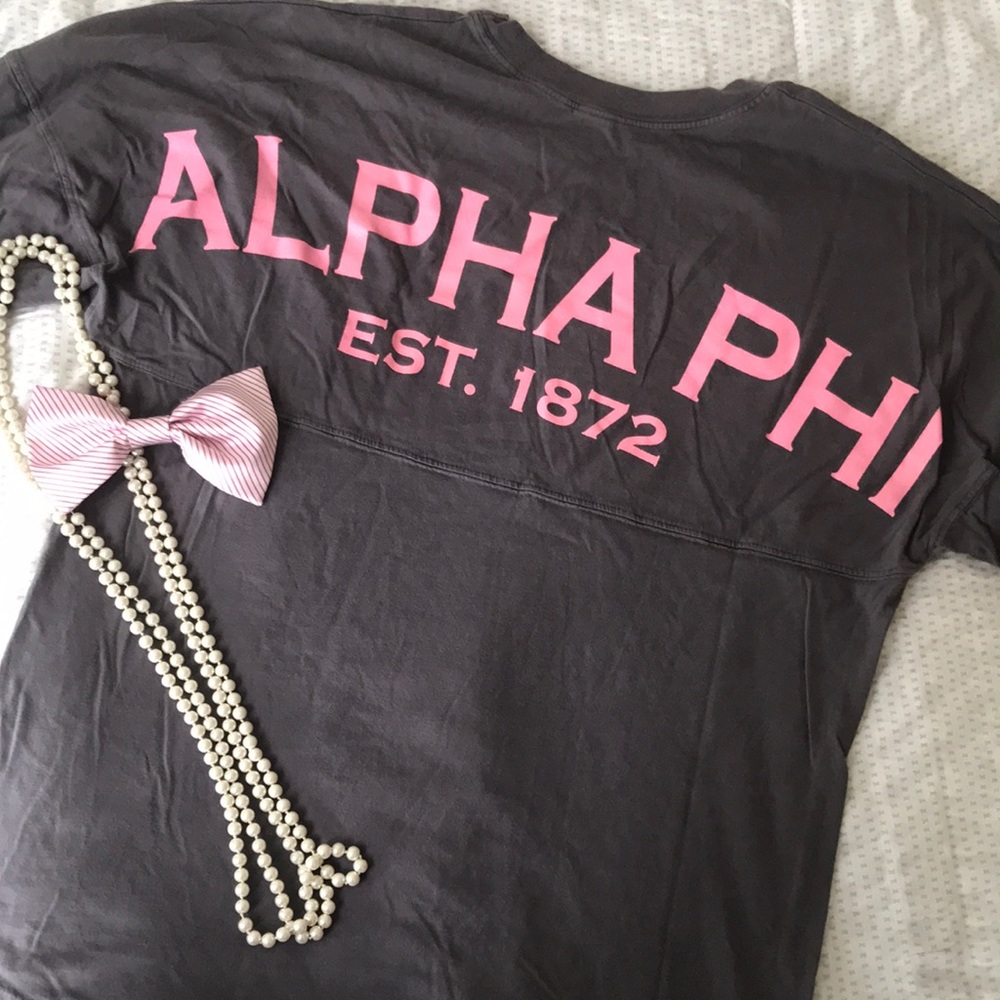 Gray and pink Alpha Phi spirit jersey